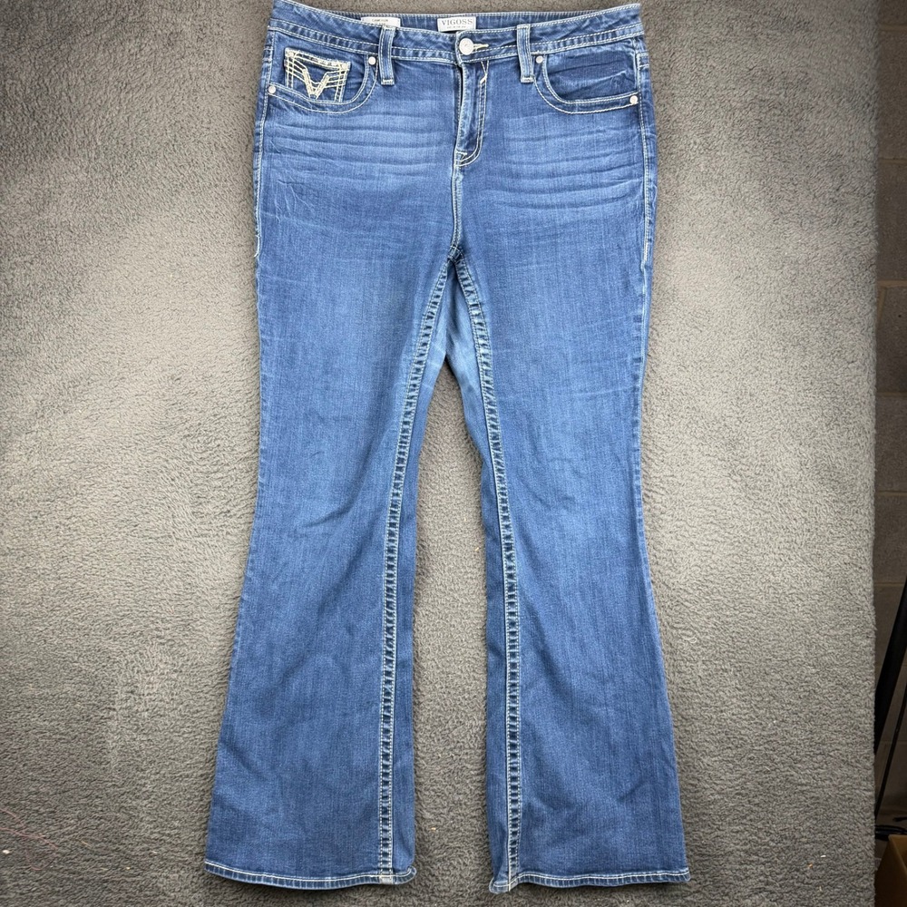 Vigoss Cameron Flare Jeans Womens 16 Blue Denim Rose Embroidered Embellished Y2K